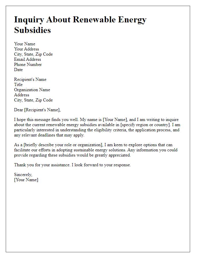 Letter template of inquiry about renewable energy subsidies