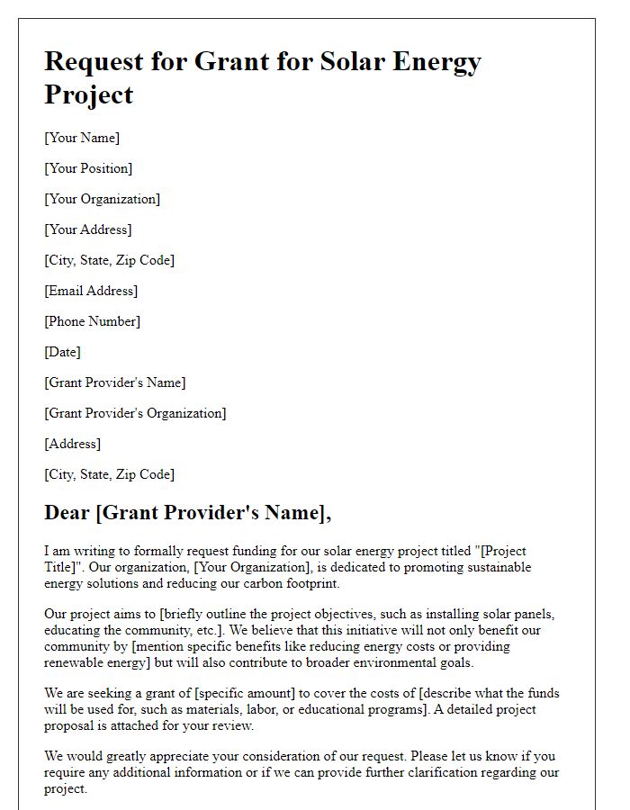 Letter template of request for solar energy project grant