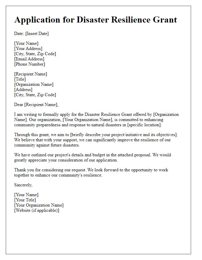 Letter template of application for disaster resilience grant