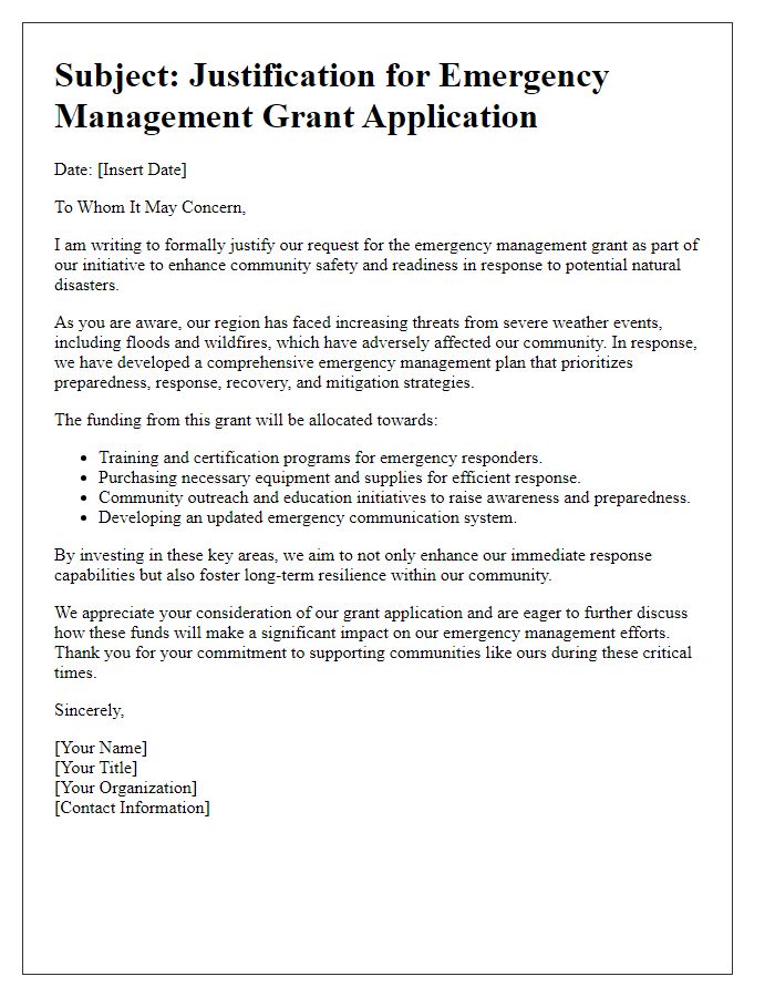 Letter template of justification for emergency management grant