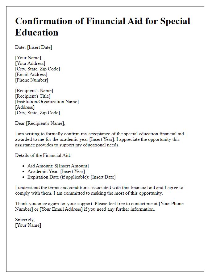 Letter template of confirmation for special education financial aid