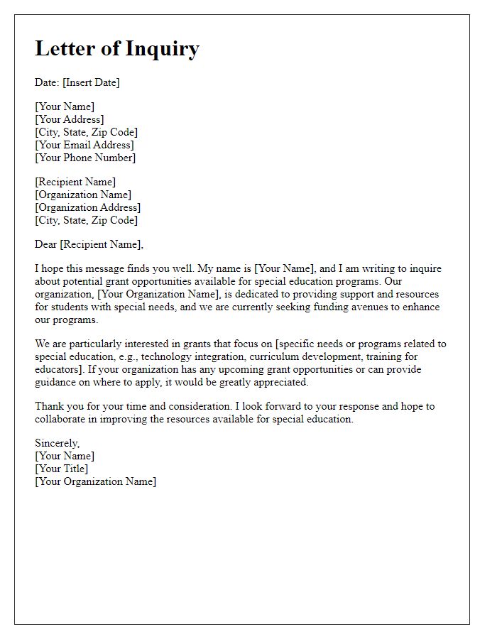 Letter template of inquiry for special education grant opportunities