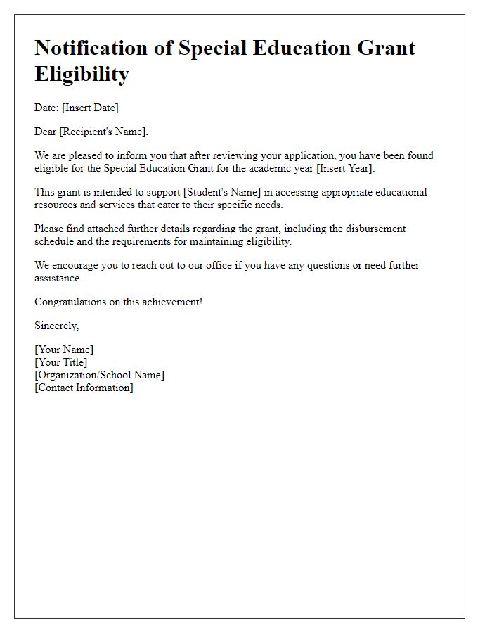 Letter template of notification for special education grant eligibility