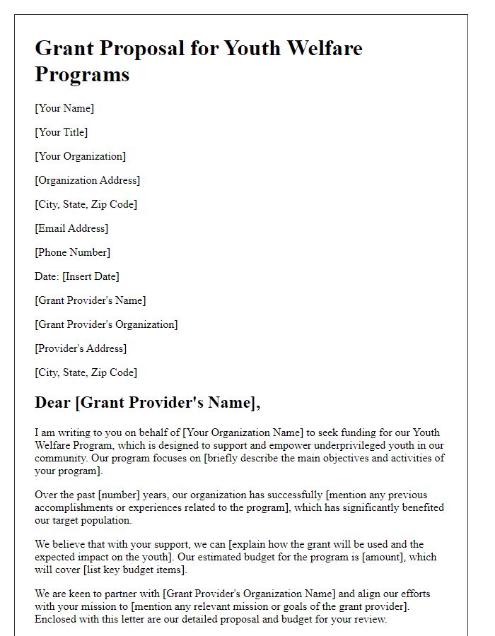 Letter template of grant proposal for youth welfare programs