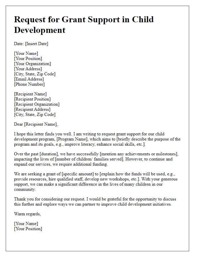 Letter template of request for grant support in child development