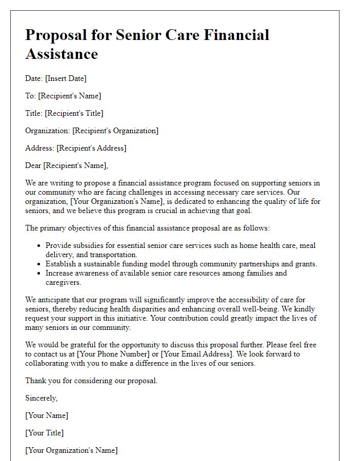 Letter template of senior care financial assistance proposal