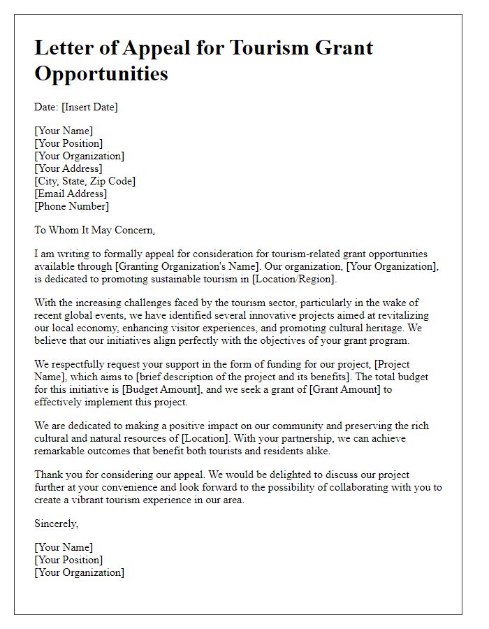 Letter template of appeal for tourism-related grant opportunities.