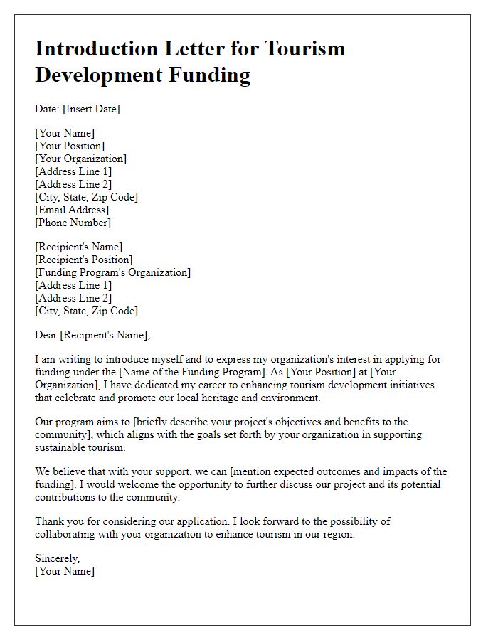 Letter template of introduction for applying to tourism development funding programs.