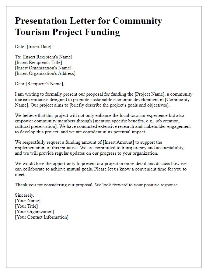 Letter template of presentation for community tourism project funding.