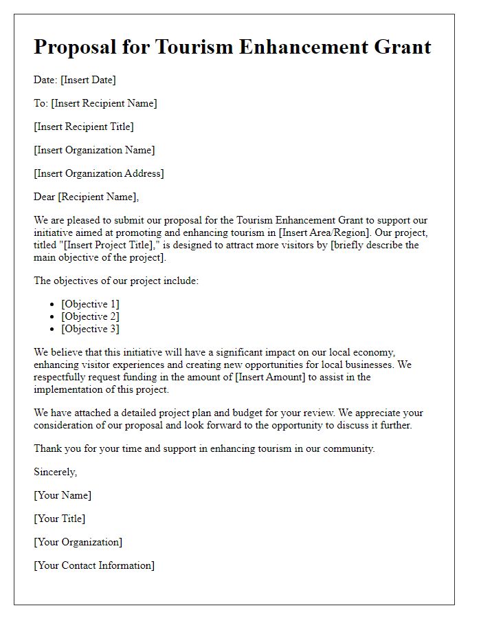 Letter template of proposal for tourism enhancement grant.