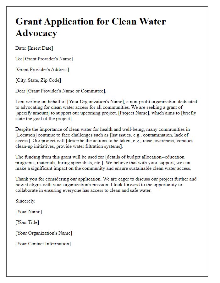 Letter template of clean water advocacy grant application