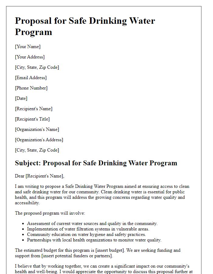 Letter template of safe drinking water program proposal