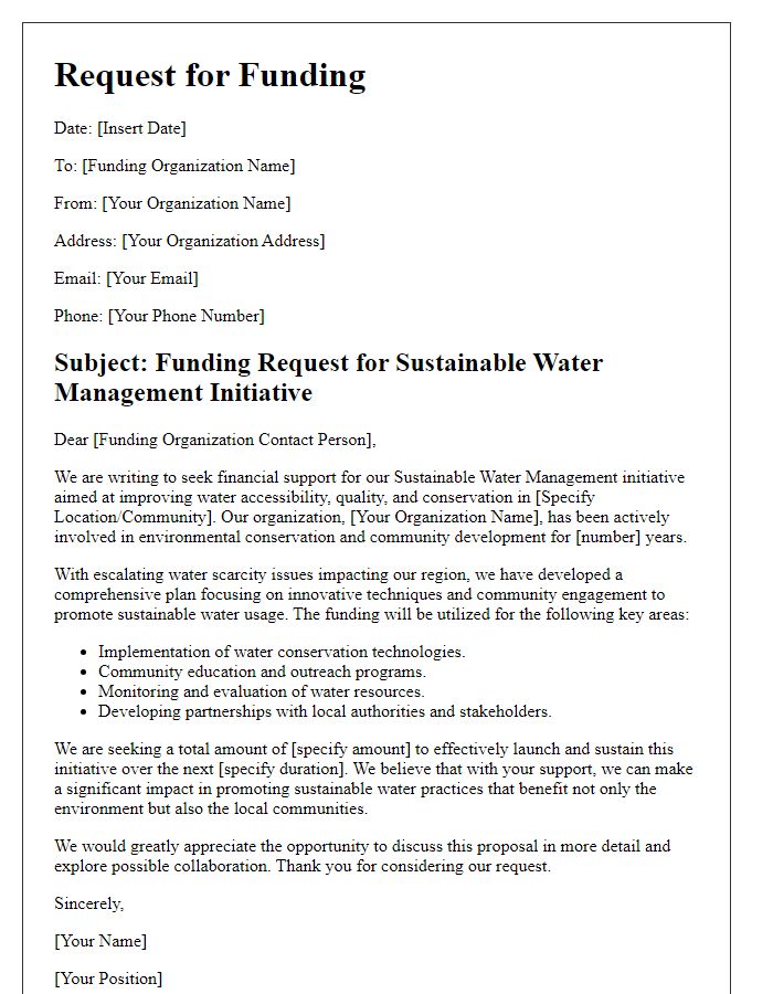 Letter template of sustainable water management funding request