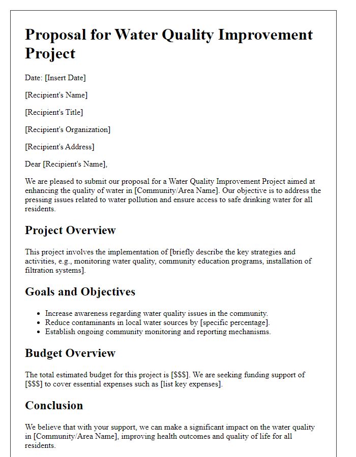 Letter template of water quality improvement project proposal