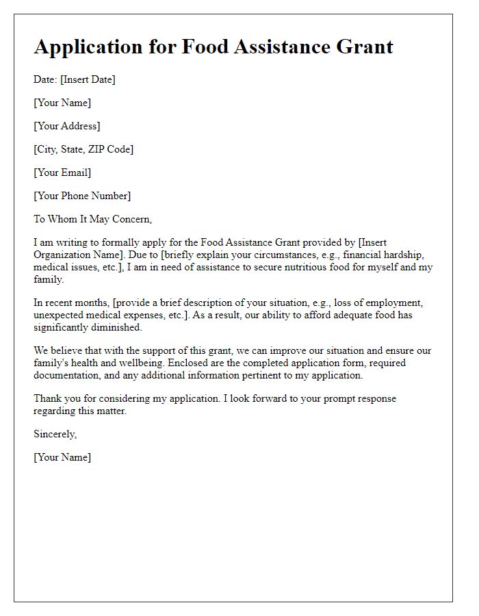 Letter template of application for food assistance grant