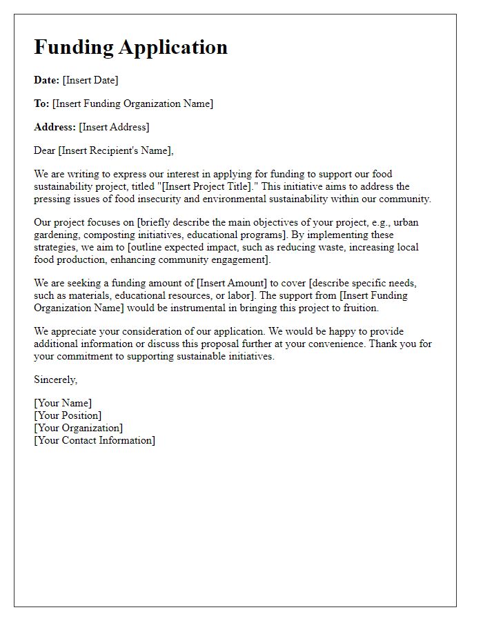 Letter template of funding application for food sustainability project