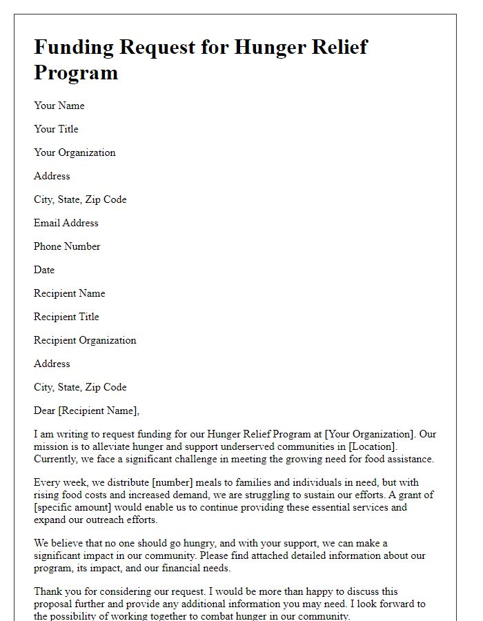 Letter template of funding request for hunger relief program