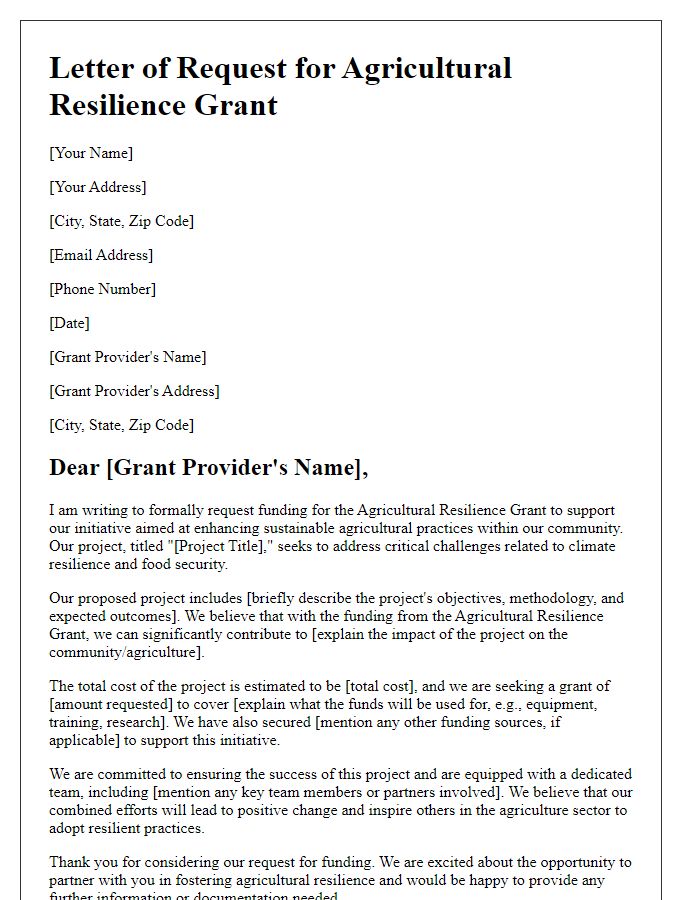 Letter template of request for agricultural resilience grant