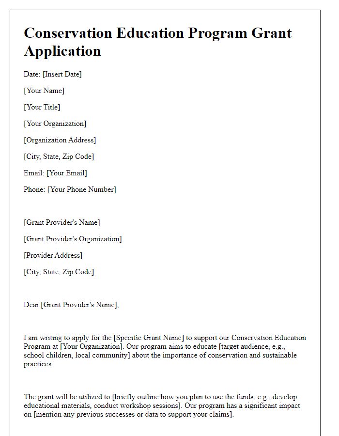 Letter template of conservation education program grant application