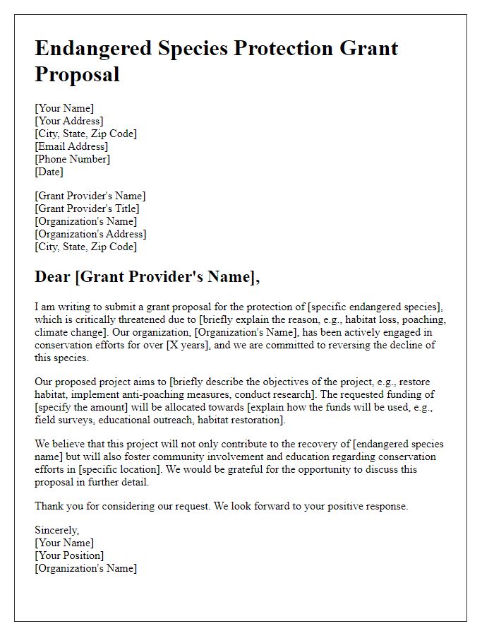 Letter template of endangered species protection grant proposal