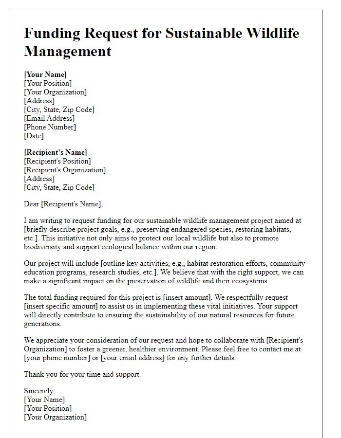 Letter template of sustainable wildlife management funding request