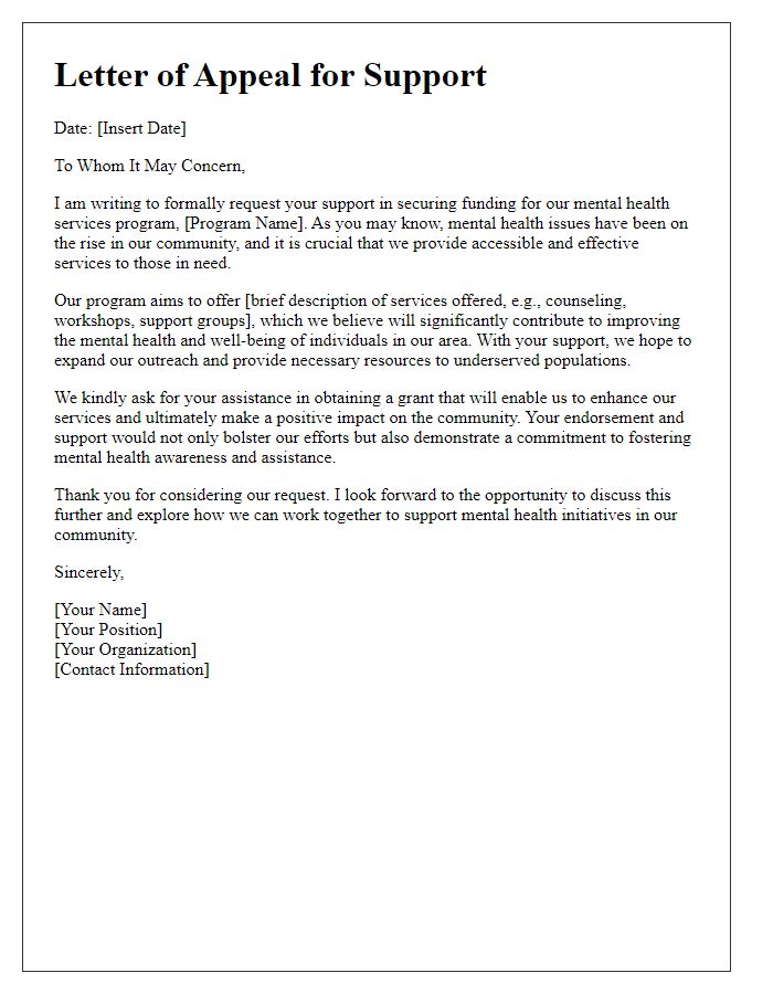 Letter template of appeal for support in mental health services grant