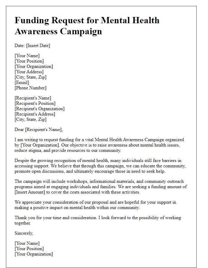 Letter template of funding request for mental health awareness campaign