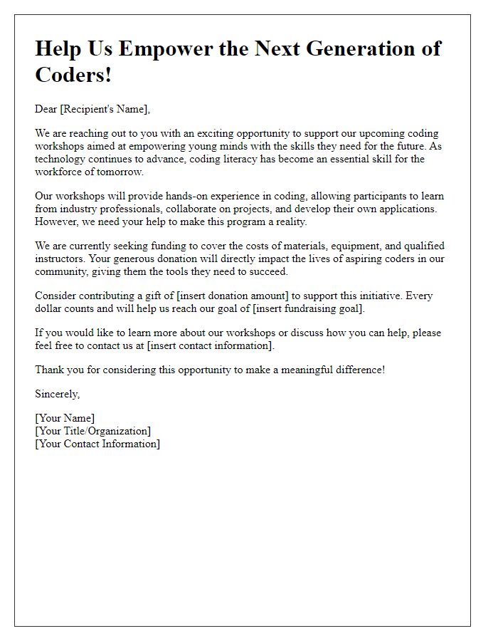 Letter template of fundraising appeal for coding workshops