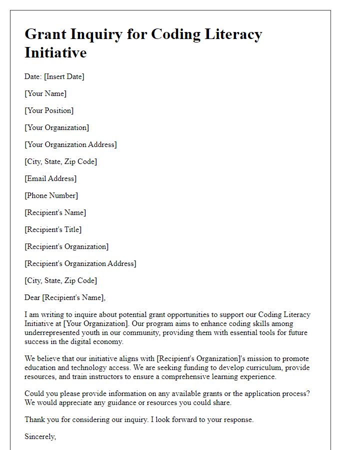 Letter template of grant inquiry for coding literacy initiative