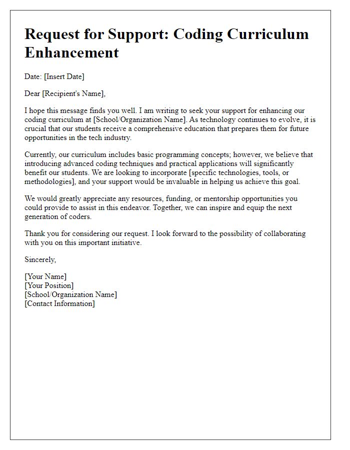 Letter template of support request for coding curriculum enhancement