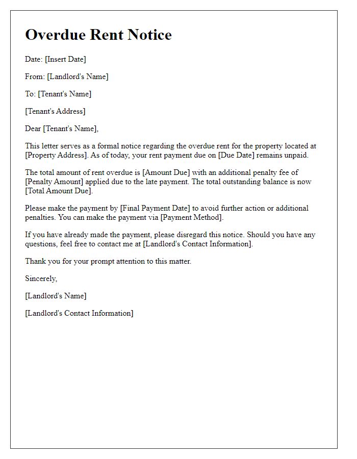 Letter template of overdue rent notice with penalty fees.