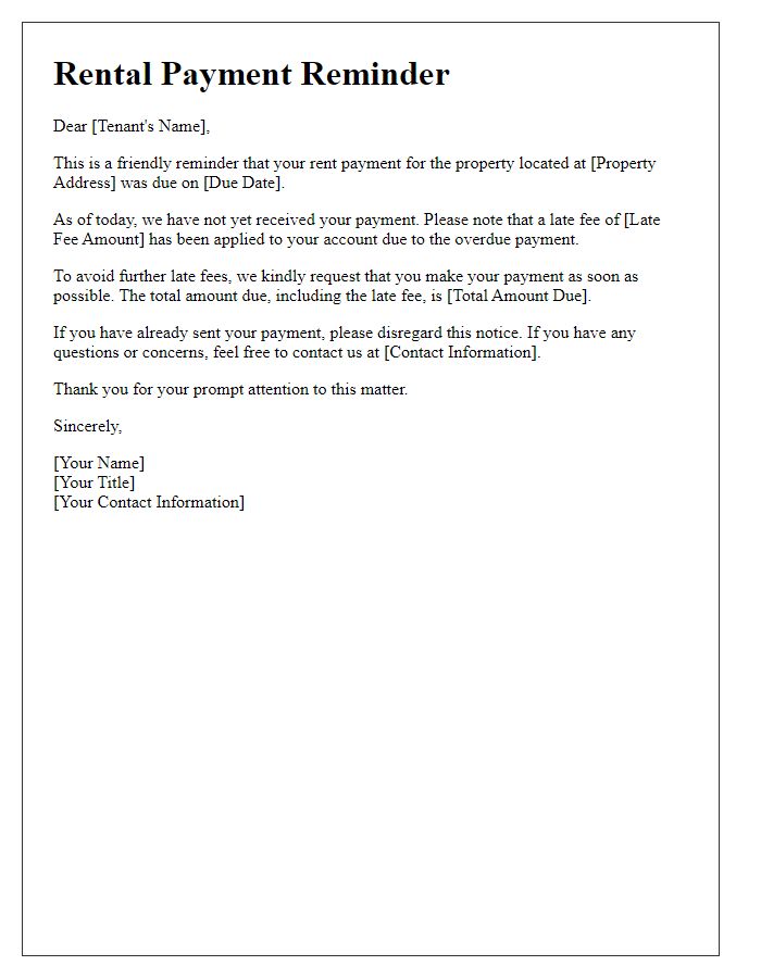 Letter template of rental payment reminder with late fee.