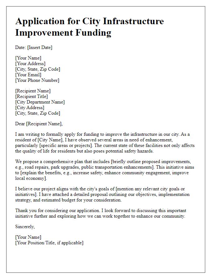 Letter template of application for city infrastructure improvement funding