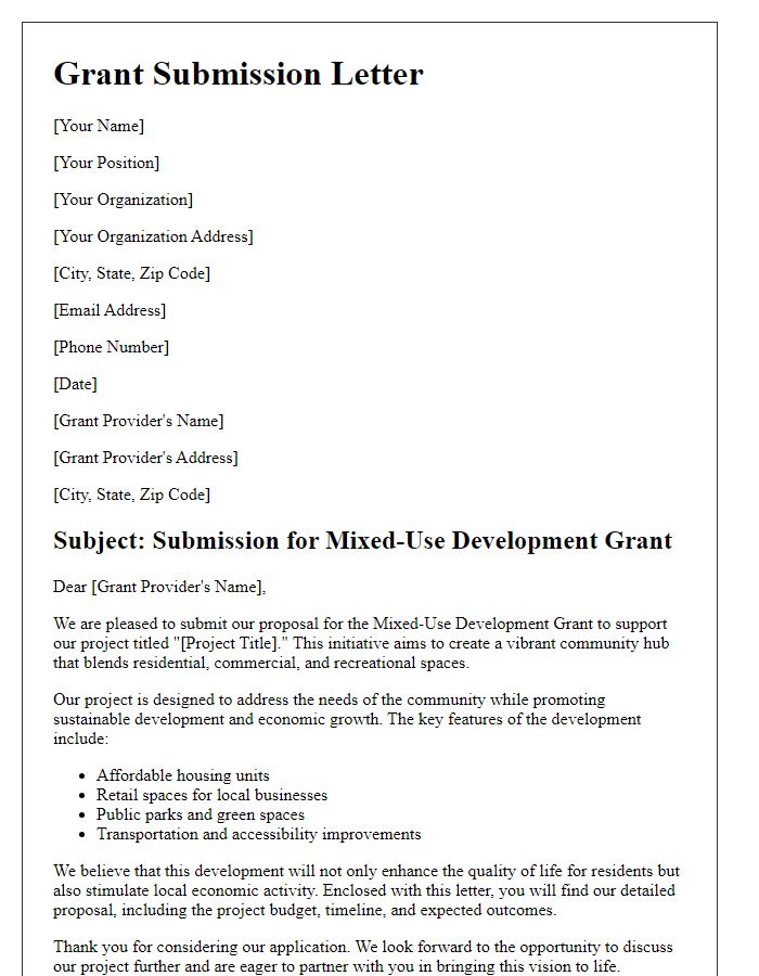 Letter template of submission for mixed-use development grant