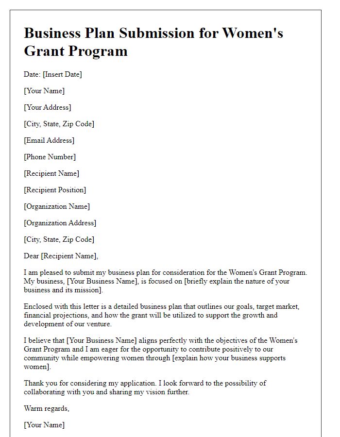 Letter template of business plan submission for women's grant program