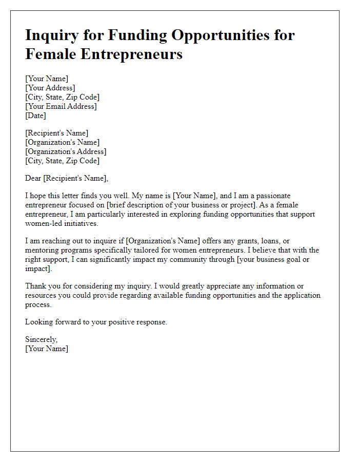 Letter template of inquiry for funding opportunities for female entrepreneurs