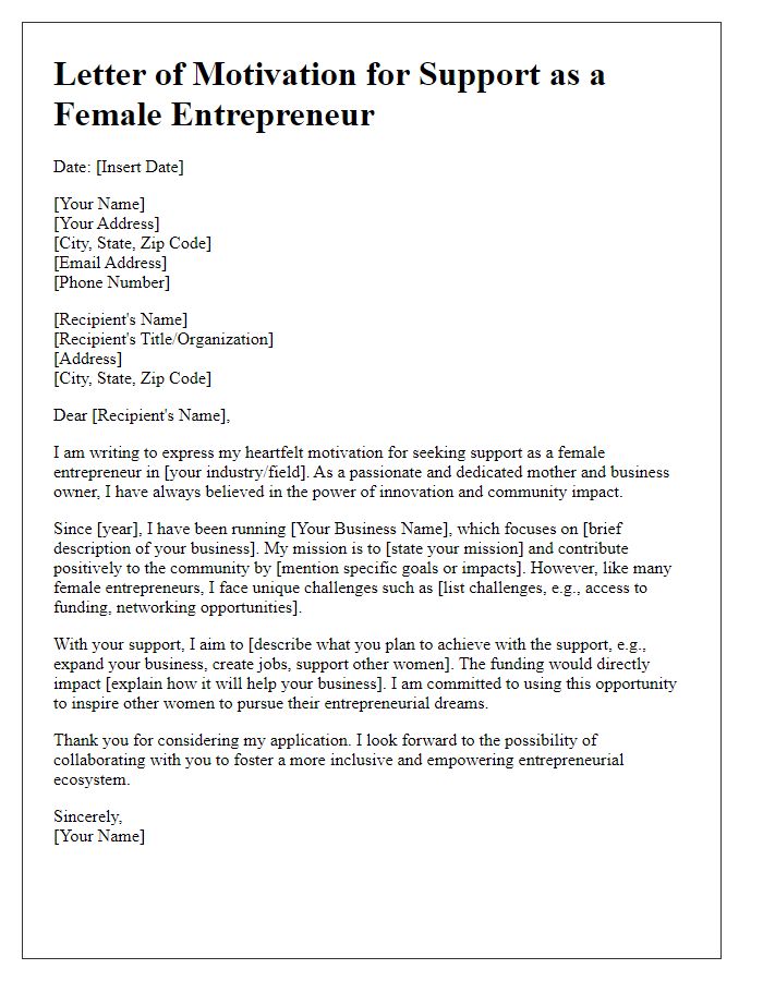 Letter template of motivation for receiving support as a female entrepreneur