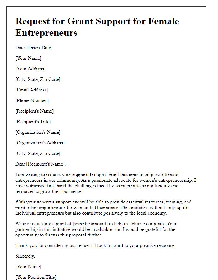 Letter template of request for grant support for female entrepreneurs