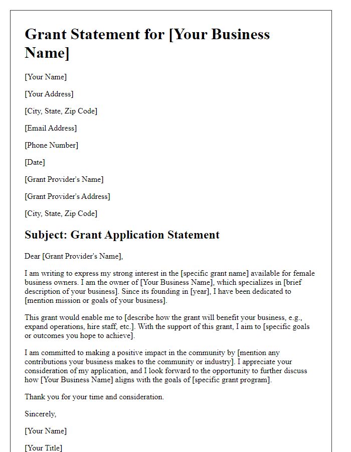 Letter template of statement for female business owner grant