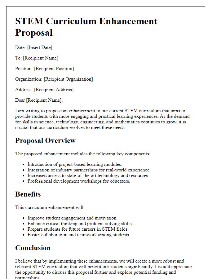 Letter template of STEM curriculum enhancement proposal