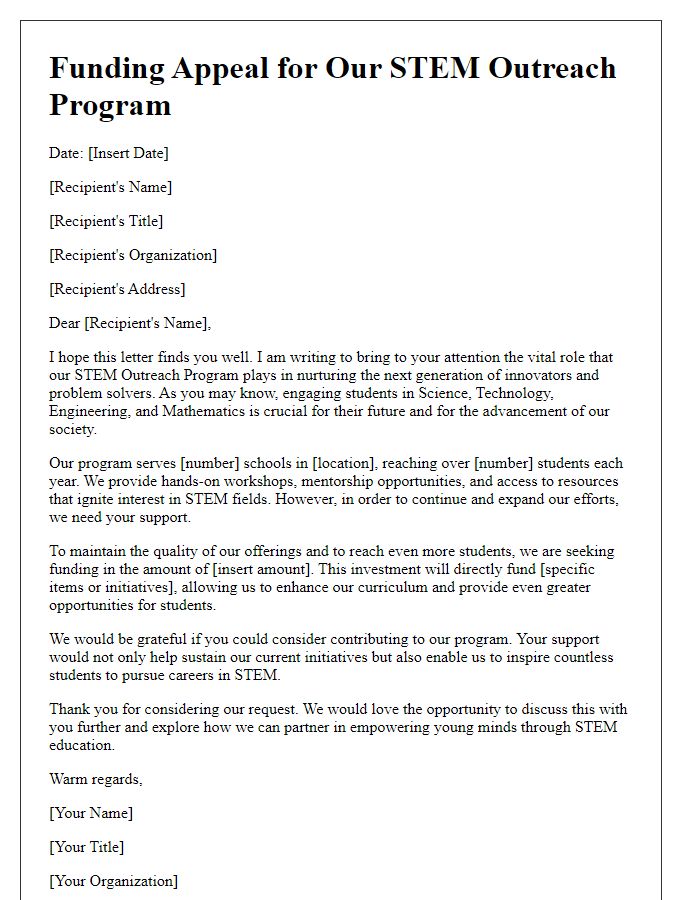 Letter template of STEM outreach program funding appeal