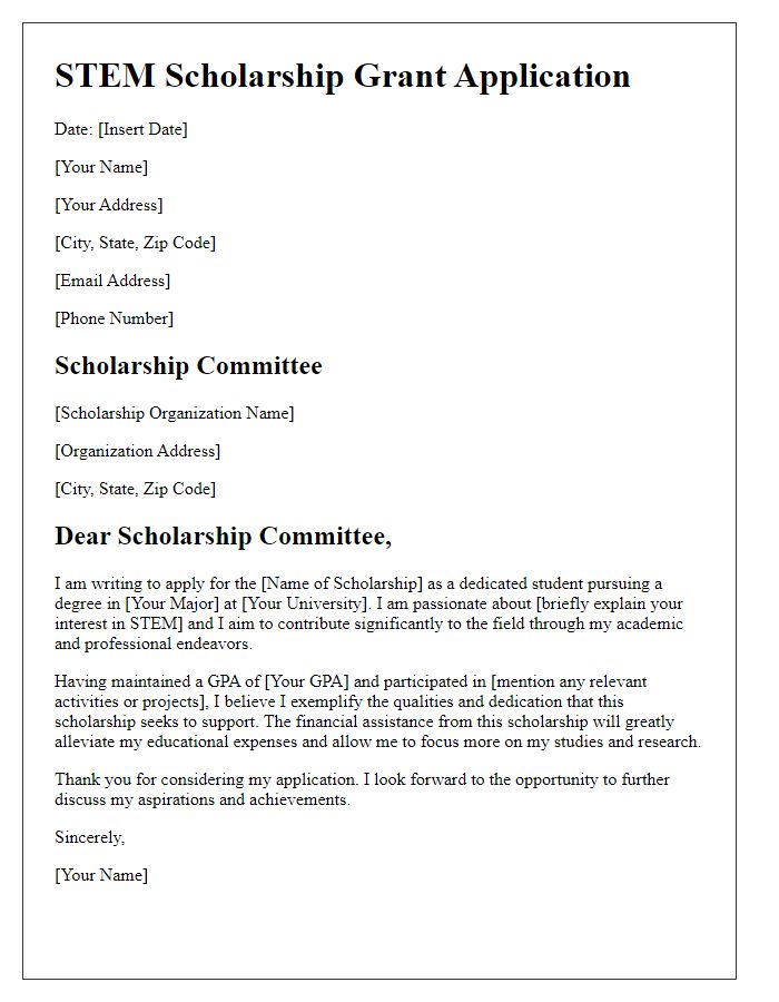 Letter template of STEM scholarship grant application