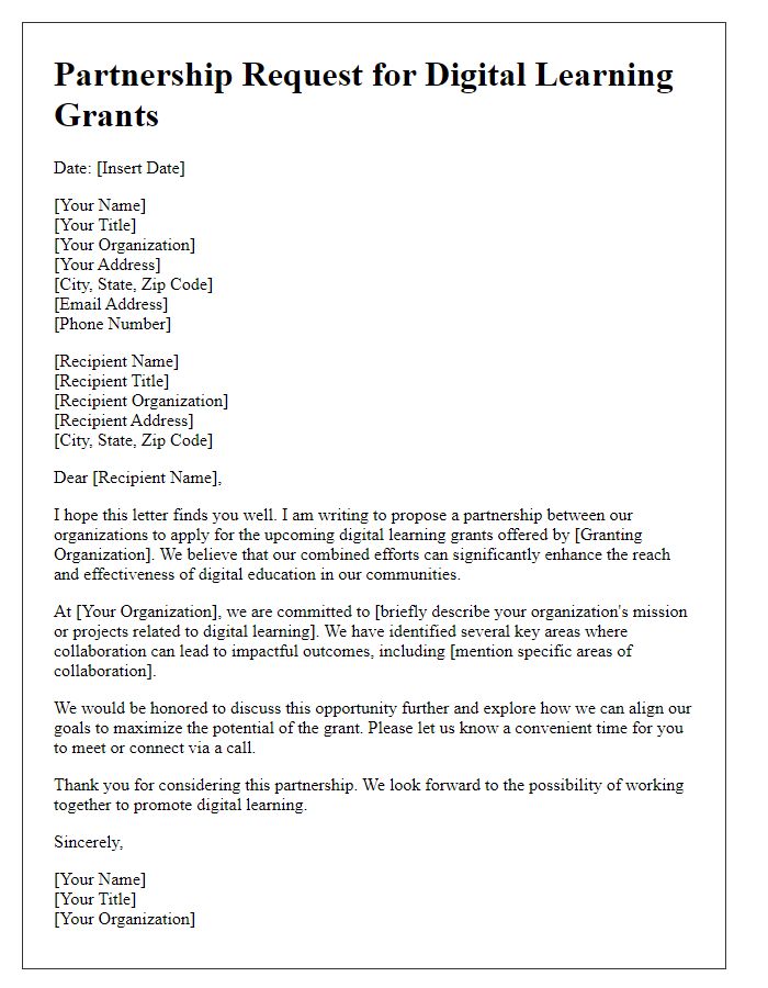 Letter template of partnership request for digital learning grants.