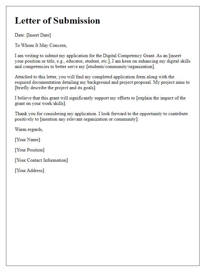 Letter template of submission for digital competency grant application.