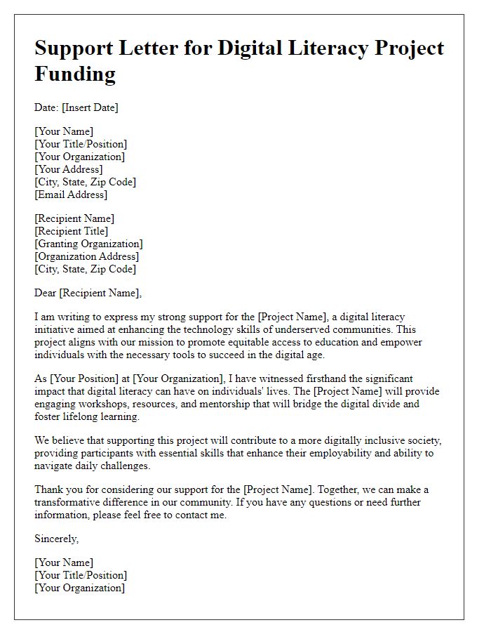 Letter template of support letter for digital literacy project funding.