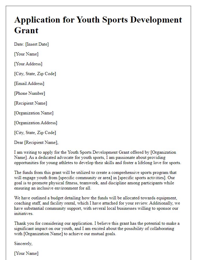 Letter template of application for youth sports development grant