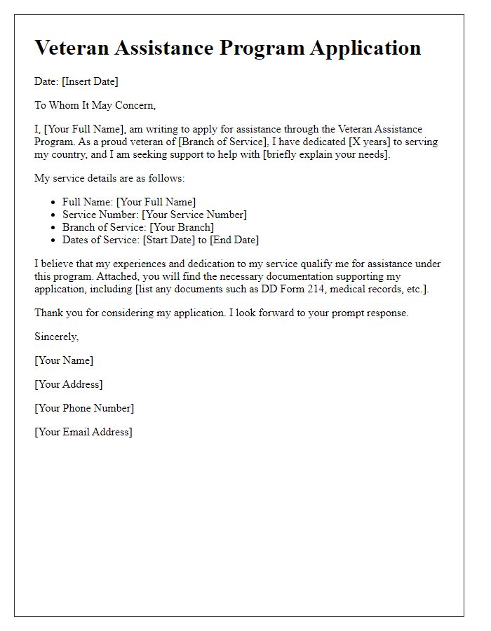 Letter template of veteran assistance program application