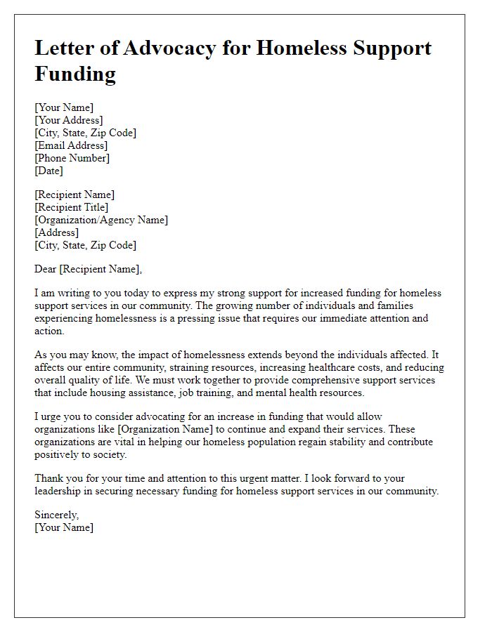 Letter template of advocacy letter for homeless support funding