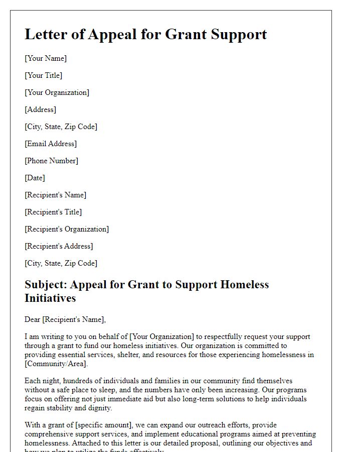 Letter template of appeal for grant to support homeless initiatives