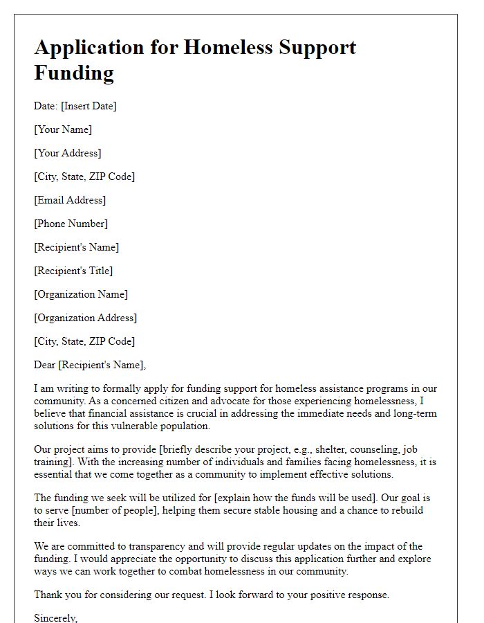 Letter template of application for homeless support funding